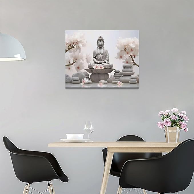 yerretin Buddha Zen Wall Art Buddhist Pictures Wall Decor Blossom Statue Canvas Meditation Painting Modern Artwork Home Decoration for Bathroom Living Room Bedroom Spa Yoga Framed 16"x12"