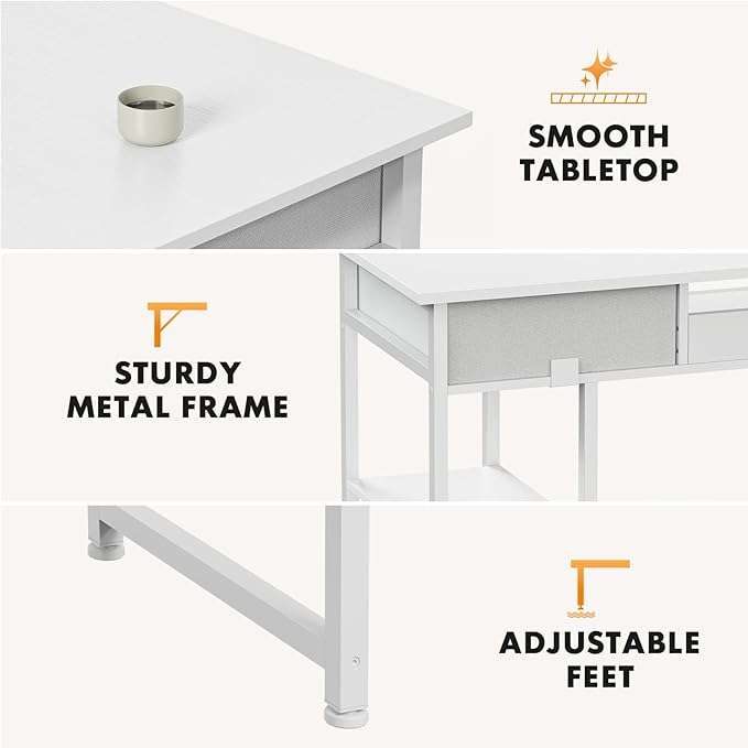 Sweetcrispy Computer Gaming Desk with Fabric Drawers - 48 Inch Home Office Bedroom Writing StudyTable with Storage Shelves Adjustable Feet PC Desk, White