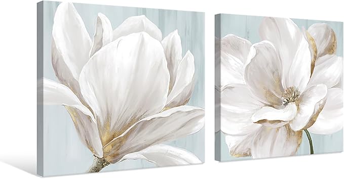 SEVEN WALL ARTS White Magnolia Wall Art Flower Artwork Floral Canvas Paintings Vintage Nature Botanical Painting Farmhouse Artwork Wall Decor for Bedroom Living Room Bathroom Office 24"x 24" x2pcs