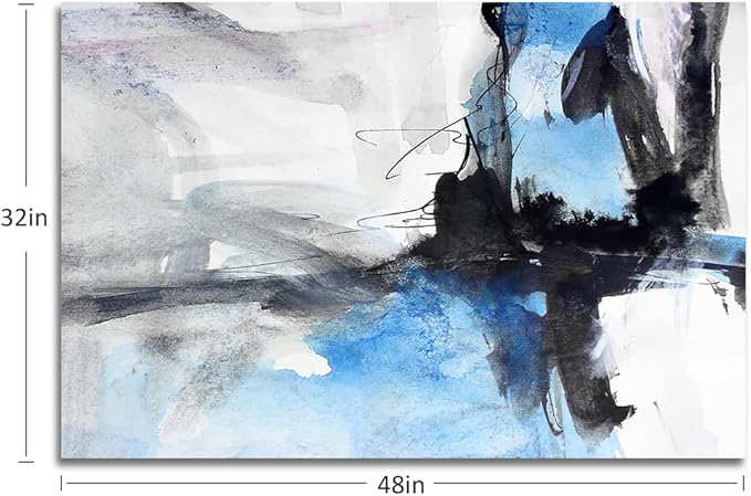 Large Abstract Canvas Wall Art Modern Aquarelle Art Paintings Black and Blue Fantasy Colorful Graffiti on White Background Minimalist Artwork Decor for Living Room Bedroom Corridor Framed 48x32in