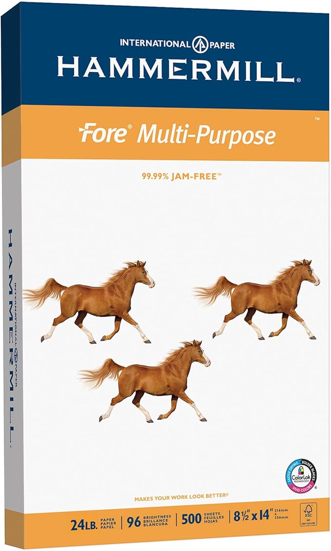 Hammermill Paper, Fore Multipurpose Paper, 8.5 x 14 Paper, Legal Size, 20lb Paper, 96 Bright, 1 Ream / 500 Sheets (101279R) Acid Free Paper