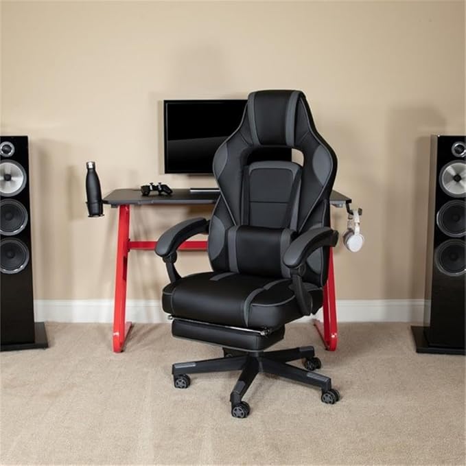 Flash Furniture X40 Gaming Chair Racing Ergonomic Computer Chair with Fully Reclining Back/Arms, Slide-Out Footrest, Massaging Lumbar - Black/Gray