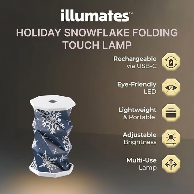 Origami Expanding Foldable LED Desk Lamp – USB Rechargeable & Portable - Dimmable Touch Control Light with Adjustable Height up to 5 1/2 for Office, Bedside - Sleek & Modern Design (Holiday Snowflake)