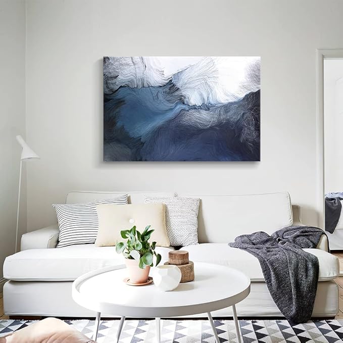Canvas Wall Art Abstract Art Paintings Navy Blue Block and Line Graffiti is Like Running Water on White Background Modern Artwork Decor for Living Room Bedroom Kitchen 48x32in