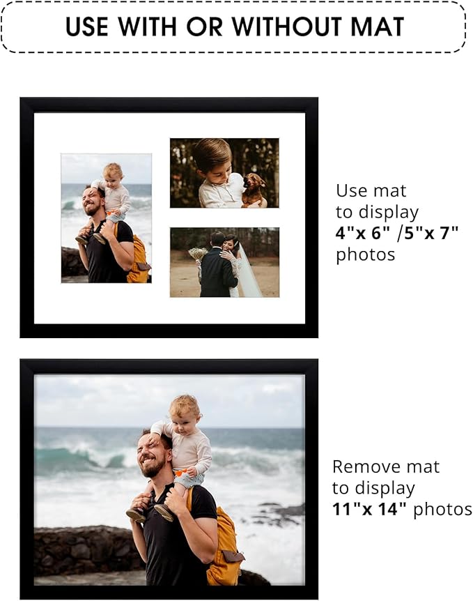 Golden State Art, Set of 2, 11x14 Black Wood Picture Frame - White Mat for 5x7 And 4x6 Photos - Tempered Glass, Sawtooth Hanger, Swivel Tabs - Wall Mounting - Great for Gift