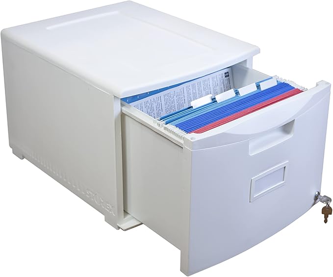 Storex Plastic One-Drawer File Cabinet – Locking Document Organizer for Home and Office, White, 1-Pack (61271A01C)