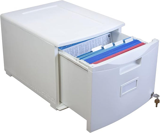 Storex Plastic One-Drawer File Cabinet – Locking Document Organizer for Home and Office, White, 1-Pack (61271A01C)