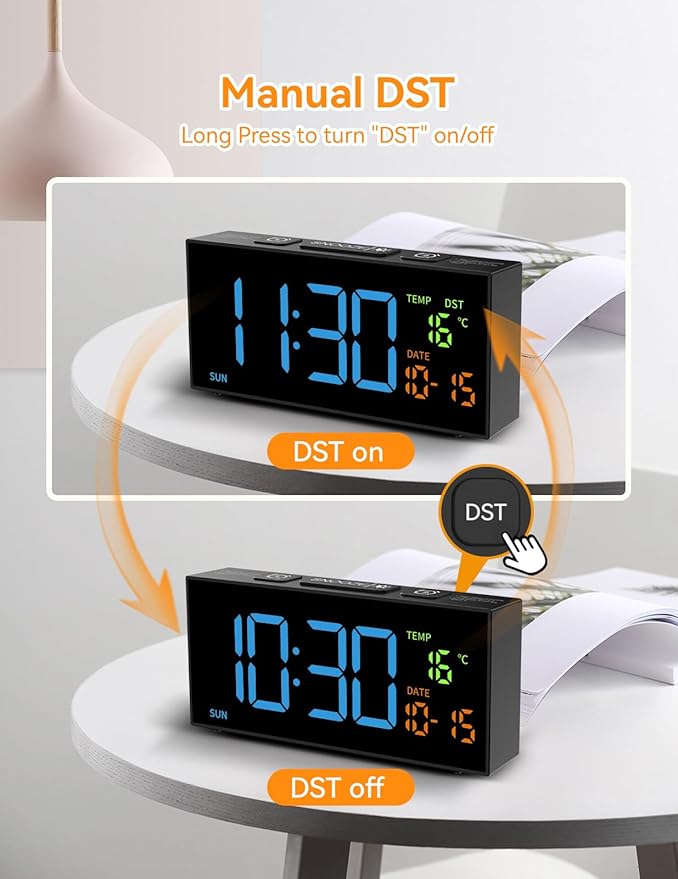 Netzu Alarm Clocks for Bedrooms, Digital Clock with Date Temperature and Weekday, Manual DST, Snooze, 2 Alarms, 4 Volumes for Living Room Home Bedside Desk (Black and Blue)