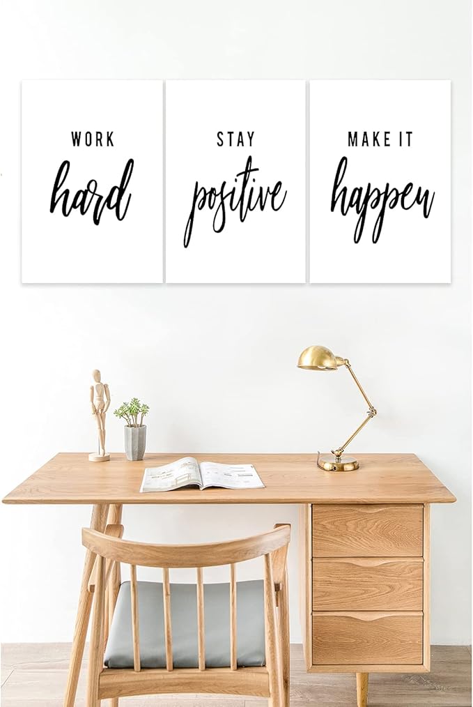 3 Piece Inspirational Wall Art, White Motivational Mindset Picture, Quote "Work Stay Make It" Canvas Print for Office Decor, Triptych Entrepreneur Poster Framed Artwork for Gym Wall Decor (36"Wx24" H)