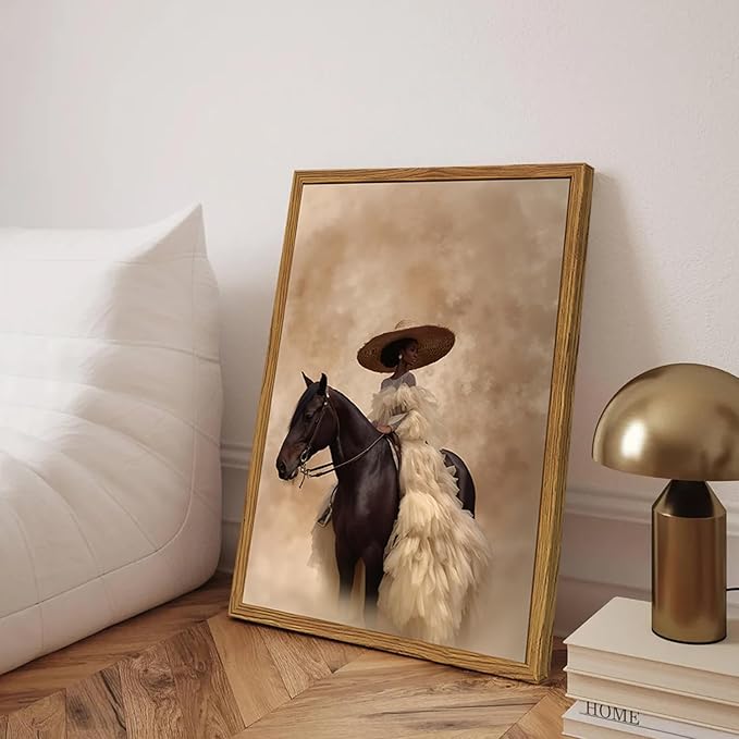 Framed Western Cowgirl Wall Art, Fashion Black Girl Riding Horse Canvas Wall Decor Painting, Black Woman African American Bride Pictures Prints Aesthetic Home Decor for Living Room Bedroom 12x16 inch
