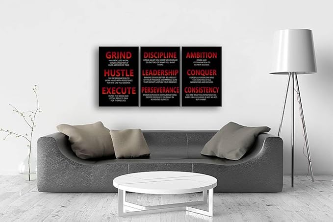 Canvas Painting Wall Art Inspirational Wall Art Discipline Grind Consistency 3 Pieces Inspiring Poster Positive Motivational Framed Artwork Prints Picture for Living Room Office Decor[48''Wx 24''H]