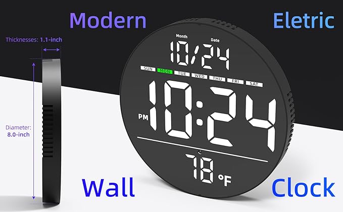 Digital Wall Clock with Large LED Display, Date, Temperature, Auto-Brightness | Small [PLUG-IN] Clock | Modern Electric Wall Clock for Bedroom, Classroom, Living Room, Home, Office, Farmhouse – White