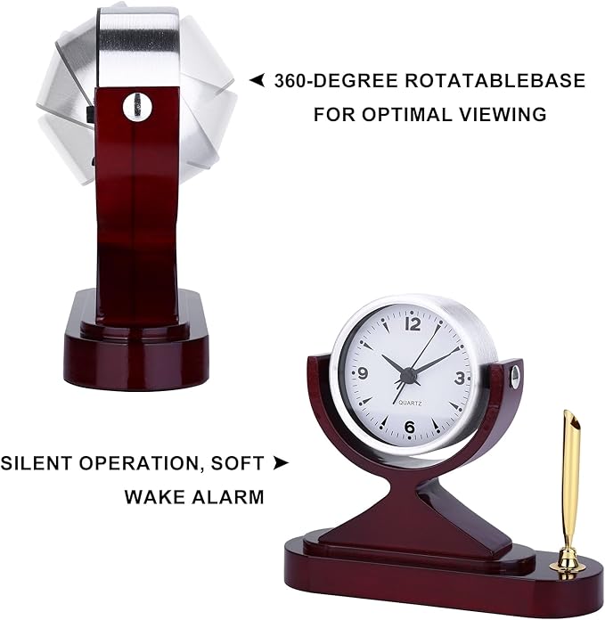 Wooden Desk Alarm Clock Battery Operated, Silent Non-Ticking, Adjustable Angle & Pencil Holder | Office, Shelf, Table Decor | Gift for Students, Teachers, Professionals (Home, Desk, Work)