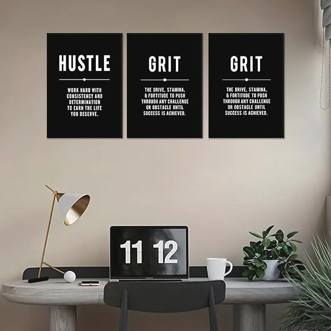 Hustle Grind Execute Inspirational Wall Art, 3 Panel Motivational Wall Decor Black and White Framed Positive Quotes Prints Modern Poster for Home, Living Room, Office, or Gym (20"x28"x3)