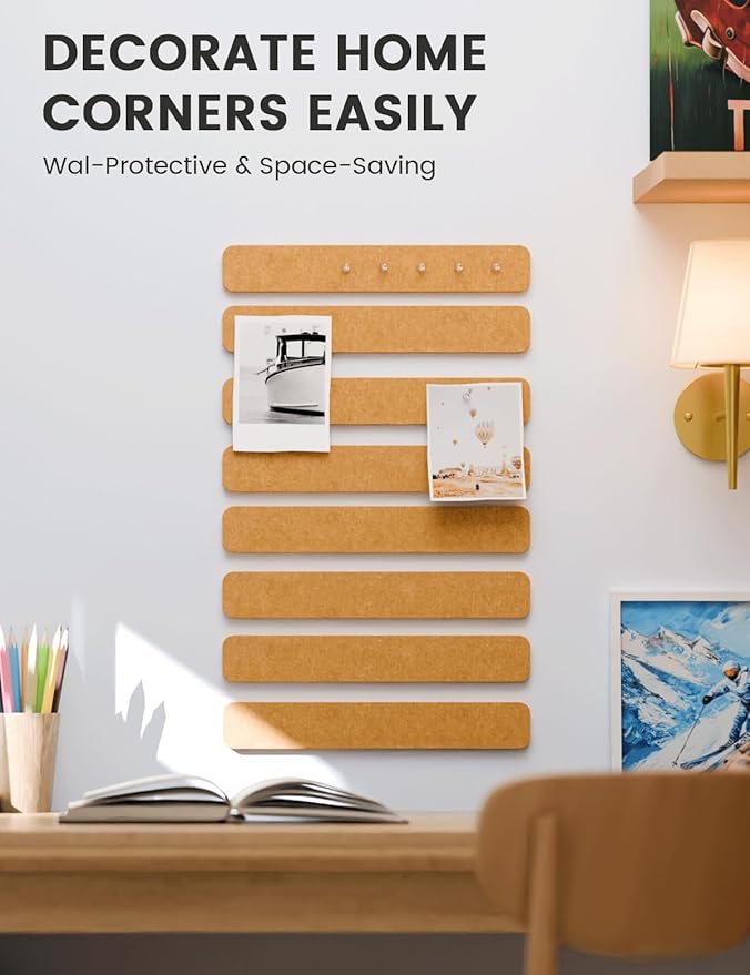Fluxynara Cork Board Alternative Felt Strip Board 8-Pack 13"x2", Office Pin Board with 50 Push Pins, Adhesive Install for Bedroom Door & Home Office(Sunset Yellow)