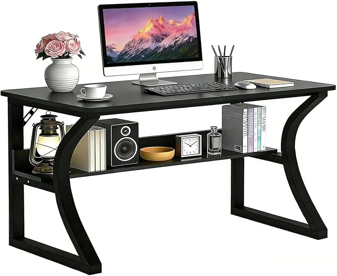 55'' Computer Desk w/Storage & Cable Management, Home Office Desk w/Sturdy U-Shaped Metal Frame & Water-Resistant Scratchproof Surface, Study Writing Desk for Office & Bedroom, Black