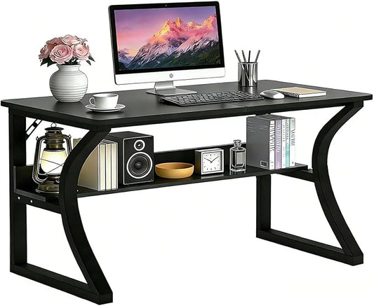 55'' Computer Desk w/Storage & Cable Management, Home Office Desk w/Sturdy U-Shaped Metal Frame & Water-Resistant Scratchproof Surface, Study Writing Desk for Office & Bedroom, Black