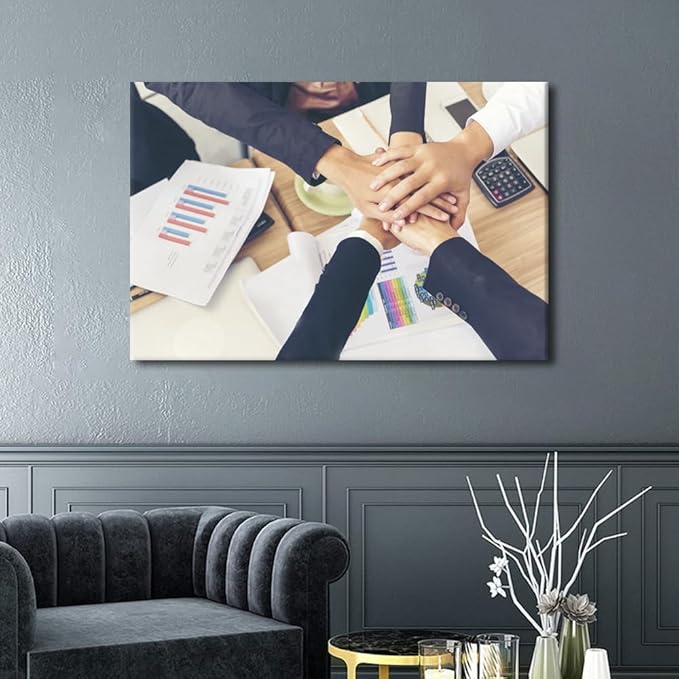Large Wall Art Hands Stack of Teamwork Holding Hands Together Over Conference Table Canvas Art Wall Decor for Office Framed 1 Panel (24" Wx36 H)