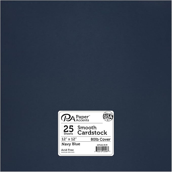 PA Paper Accents Smooth Cardstock 12" x 12" Navy Blue, 80lb colored cardstock paper for card making, scrapbooking, printing, quilling and crafts, 25 piece pack