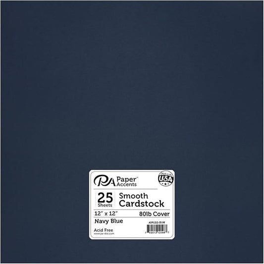 PA Paper Accents Smooth Cardstock 12" x 12" Navy Blue, 80lb colored cardstock paper for card making, scrapbooking, printing, quilling and crafts, 25 piece pack