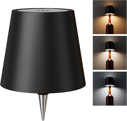 Wine Bottle Lights, Wireless Bottle Lamp Shade with 3 Color Temperature, Rechargeable Stepless Dimming LED Bottle Lights for Liquor Bottles, Desk Lamp for Bedroom Restaurant Bar - Black