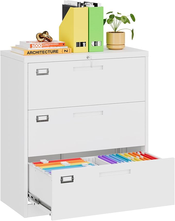 MIIIKO Lateral File Cabinet 3 Drawer, White Metal Filing Cabinet with Lock Lock for Home Office, Large Storage File Organizer for Hanging File Folders,Easy Assemble