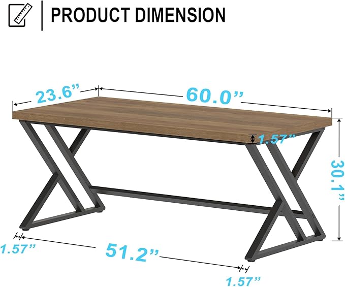 LVB Long Computer Desk, Big Industrial Home Office Desk, Large Metal Wood Writing Study Computer Table for Bedroom, Modern Executive Simple Gaming Work Desk for Student, Rustic Oak, 60 in