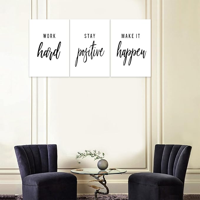 3 Piece Inspirational Wall Art, White Motivational Mindset Picture, Quote "Work Stay Make It" Canvas Print for Office Decor, Triptych Entrepreneur Poster Framed Artwork for Gym Wall Decor (36"Wx24" H)