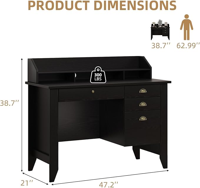 4 EVER WINNER Black Desk with Drawers, Small Desk with File Drawer and Monitor Stand, Computer Desk with Storage, Writing Desk for Bedroom Home Office, Black