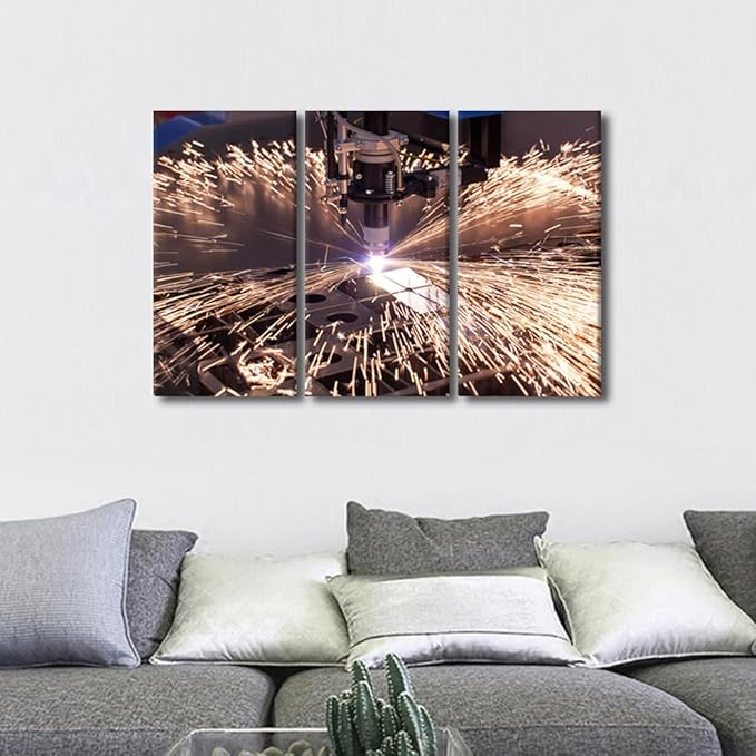 Canvas Painting Wall Art Industrial Machine Art Prints Plasma Cutting Wall Pictures for Office 3 Pieces Home Decorations Framed Wall Art Modern Wall Decor Artwork Wall Hanging, 36x24 Inch