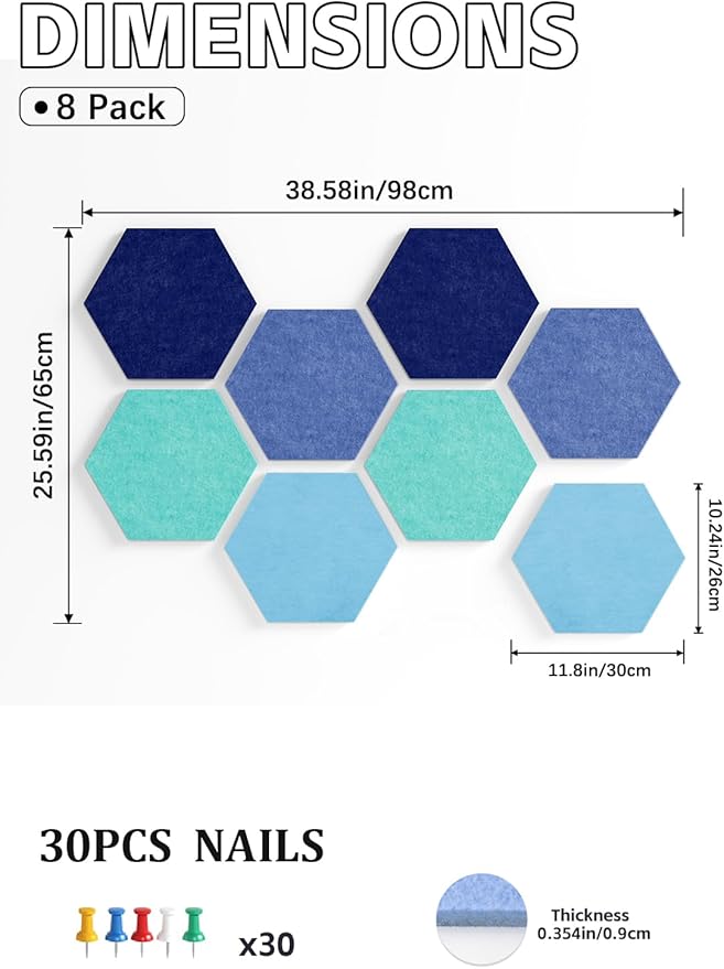 8 Pack Hexagon Felt Bulletin Board Tiles - 11.8" Large Thick Pin Board for Walls with 30 Push Pins, DIY Boards for Office Home School Decor, Aesthetic Hex Cork Board Alternative