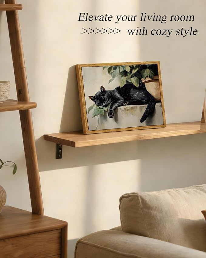 ARPEOTCY Vintage Framed Canvas Wall Art, Sleeping Black Cat Wall Decor, Cute Animal Prints Rustic Aesthetic Home Decor for Living room Bedroom Bathroom 8x10 inch