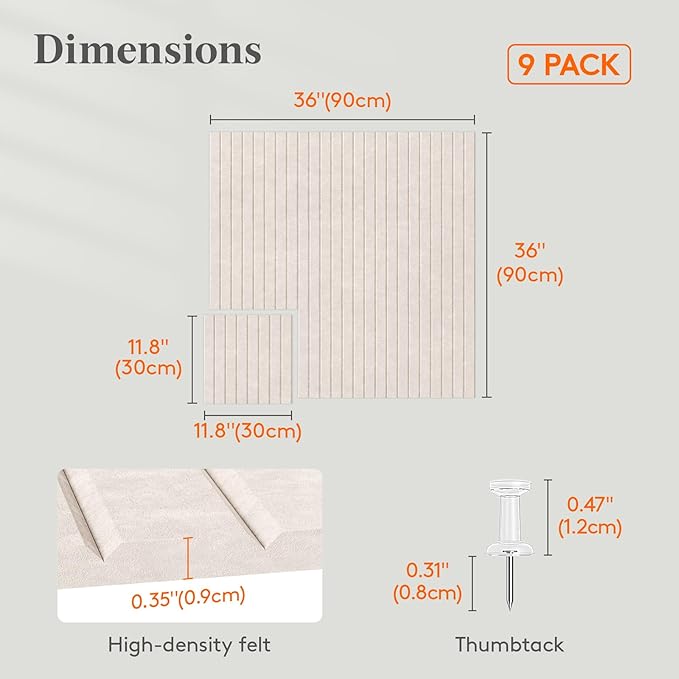 Lifewit Felt Slatted Bulletin Board with Self-Adhesive, 36"x 36"-9 Pack Cork Board Alternative, Pin Board Vision Board Message Board with 40 Pushpins for Office Decor, Room Decor, Oatmeal
