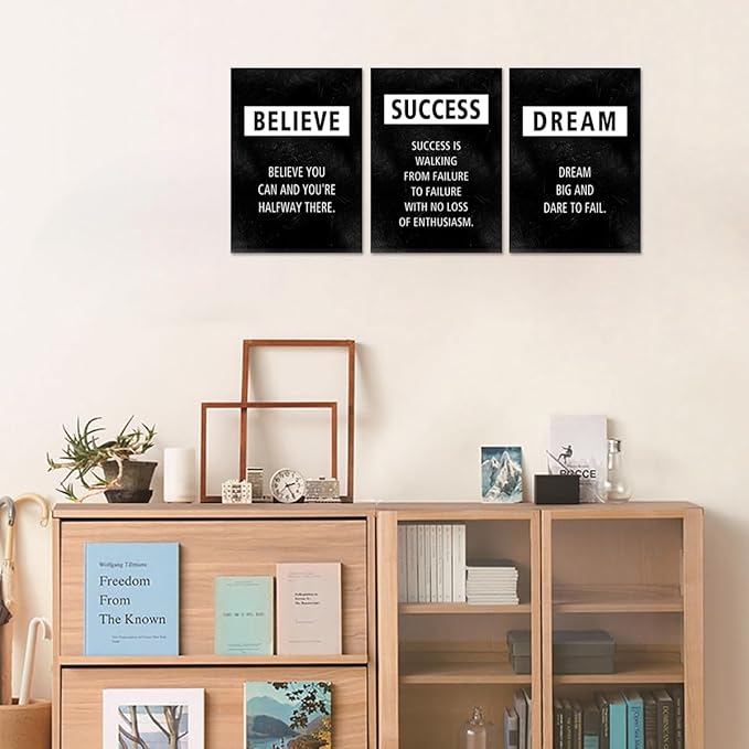 Set of 3 Inspirational Wall Art, Believe Success Dream Positive Quotes Canvas Painting Black Office Picture Artwork Motivational Wall Decor Entrepreneurs Poster for Living Room Bedroom Home, 20"x28"x3