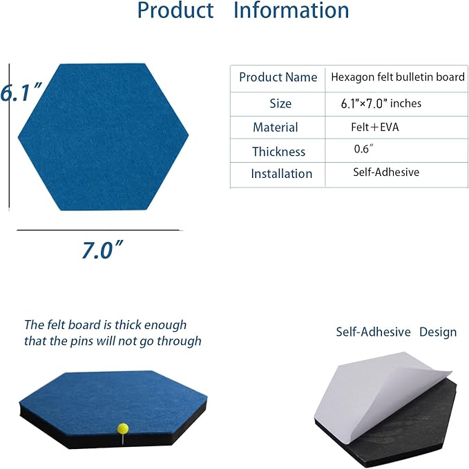 10Pcs Self Adhesive Felt Board Tiles Hexagon Bulletin Board for Walls, Felt Cork Pin Board for Pictures Photos Memos with Push Pins (Color B)