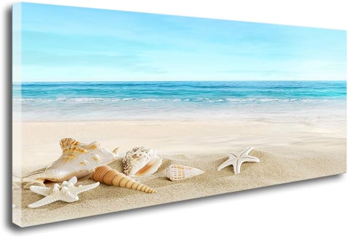 DZL Art S73998 Beach Picture Decor Ocean Painting Canvas Wall Art Prints of Starfish and Seashell on Sandy Seaside Ready to Hang for Living Room Bedroom Office Wall Decor Home Decoration