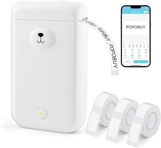 Bear Label Maker Machine with Tape, Cute Portable Bluetooth Mini Label Printer, Smart Phone Handheld Thermal Sticker Small Labeler Inkless for Home Office, 3 Rolls