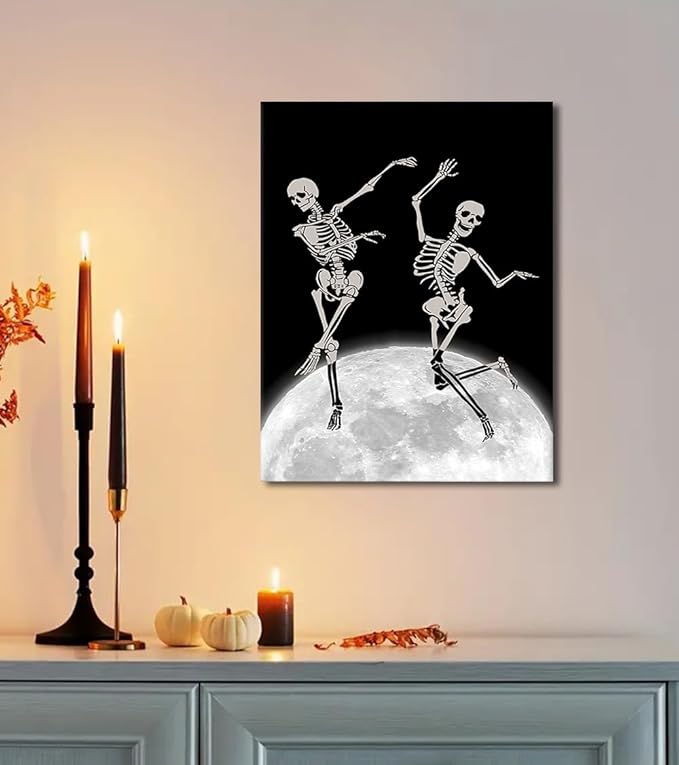 Skeleton Wall Art - Funny Two Skeletons Dancing on Moon Prints Poster Modern Black White Canvas Painting Dark Humor Gothic Wall Decor for Bedroom Living Room Bathroom Home Office, Framed 18"x24"
