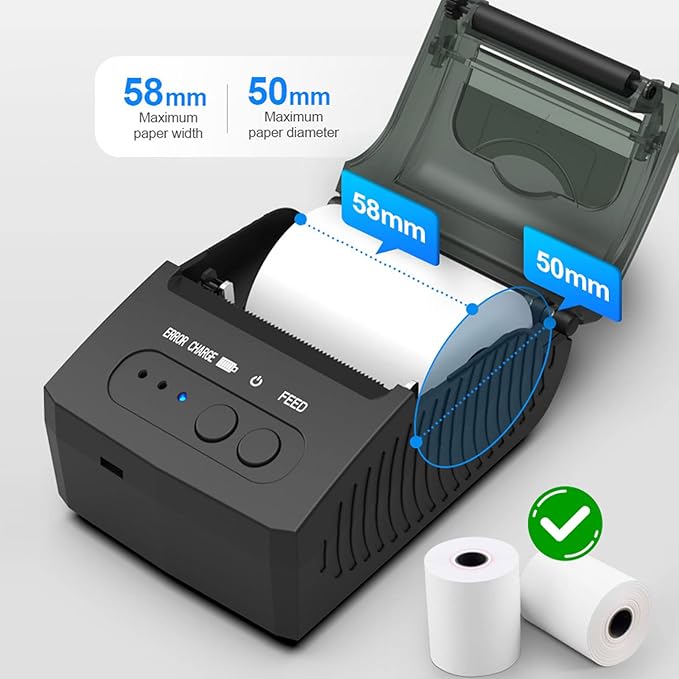 Fockety 58mm Paper Thermal Printer, 203dpi Inkless Printer Paper Printer for Phone, Laptop, 90mm s 2000mAh Portable Printer Printer Mobile Printer for Office, Travel (US