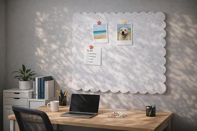 Scalloped Felt Bulletin Board 24x18 in, Thick PET Felt Pin Board, Heat-Pressed Flat, Self-Adhesive Mount, Push Pin Friendly Photo/Card Display for Home, Office, Crafts, Planning, Jewelry (Oatmeal)