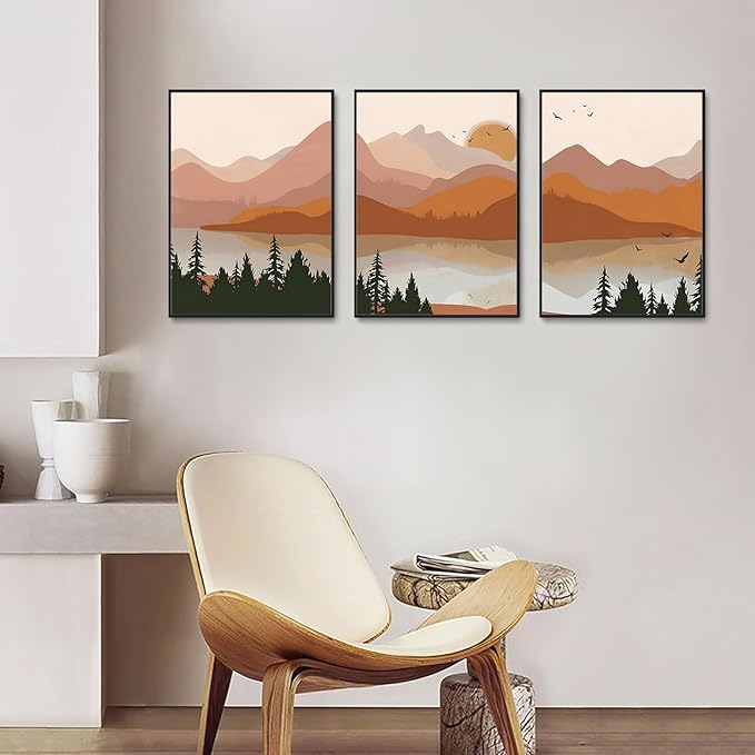 Bwodke Framed Mountain Wall Art Nature Landscape Watercolor Sun Forest Canvas Picture Prints Set of 3 Artwork Painting Home Wall Decor for Living Room Bedroom Office, Orange