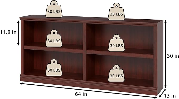 Double Wide Open Shelf Bookcase - 2 Tiers 4 Storage Cube Adjustable Space Book Case, Display Cabinet Organizer with Bookshelf, 64.8 inch Width Indoor Furniture for Home Library Office, Mahogany