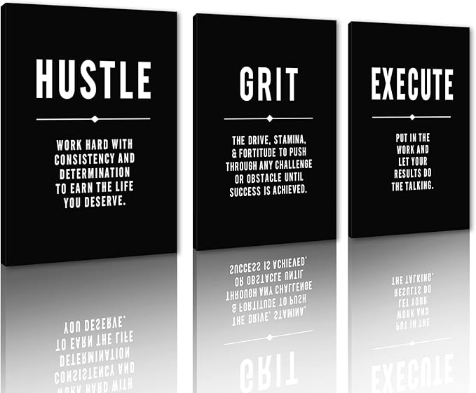 Yatsen Bridge Motivational Wall Art Set Of 3 - Hustle Grind Execute Canvas Prints Black & White Inspirational Quotes Wall Decor Modern Poster for Office, Home, Gym Or Living Room, Large 24"x36"x3