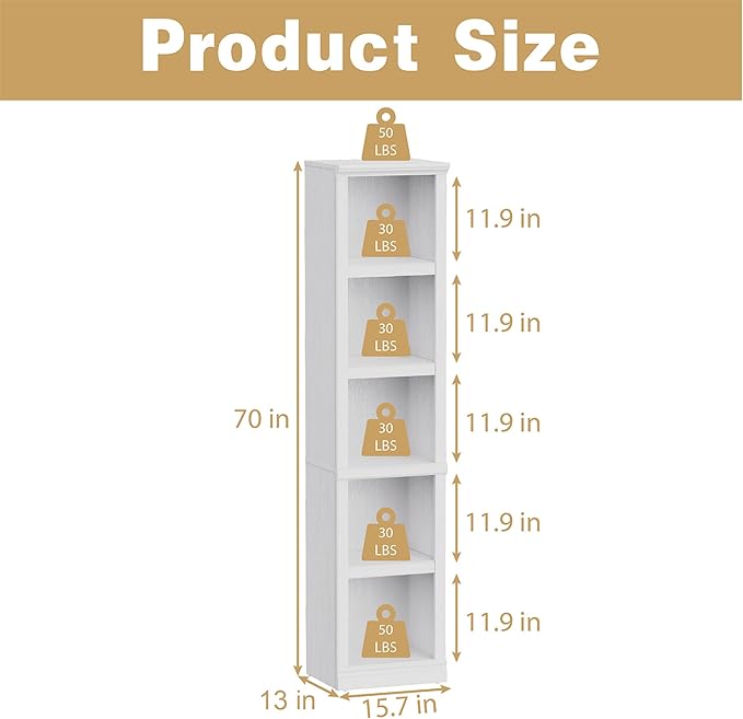 blini 5-Shelf Narrow Bookcase White Wooden Tall Bookshelves Floor Standing Display Storage Shelves Mahogany Bookcase for Home Office, Living Room, Bed Room