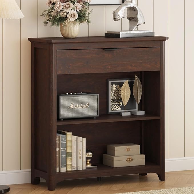 BON AUGURE Bookcase with Drawer, Open Storage Book Cases/Shelves, Floor Standing 3 Shelf Bookshelf for Farmhouse Living Room, Library Office, Bedroom, Kids (Brown Cherry)