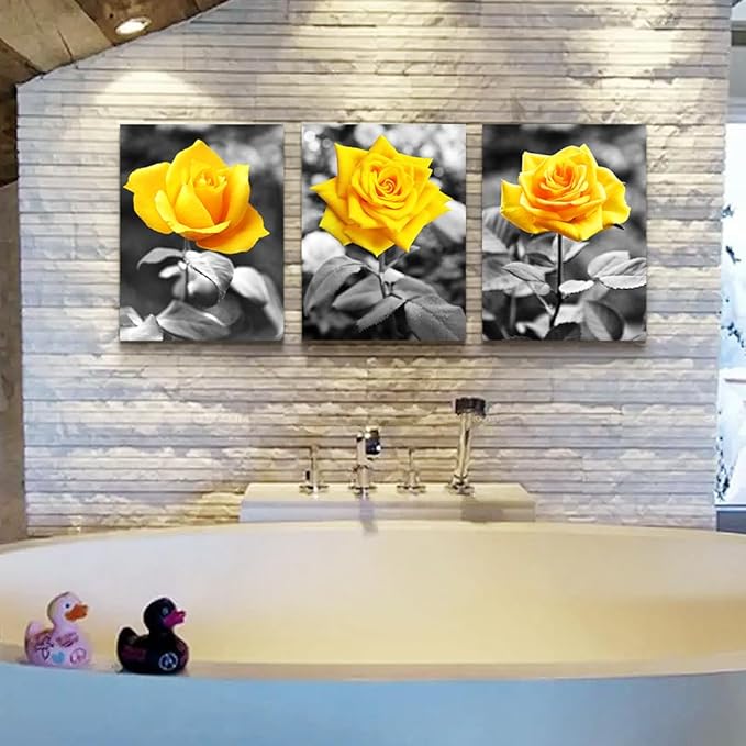 Lapremoly Black And White Wall Paintings Canvas Wall Art For Bedroom Wall Decor For Kitchen Living Room Office Decorations Yellow Rose Flowers Pictures Modern Room Home Walls Artwork Decor 3 Piece