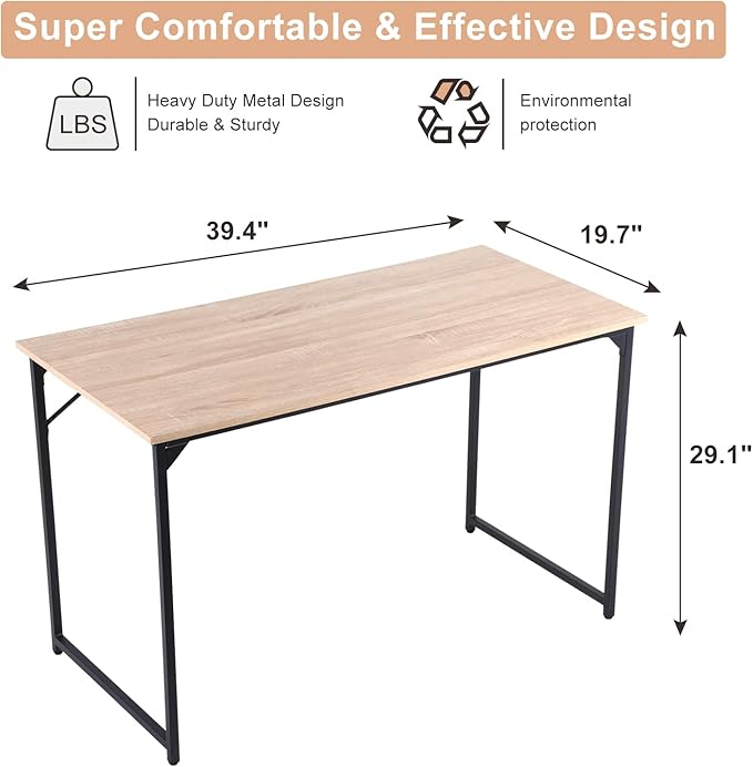 BLKMTY 39" Computer Desk Home Office Desk Wood Writing Study Table Modern Simple Computer Table Fashion Tables for Room with Metal Frame Laptop Tables Workstation for Small Space, Nature