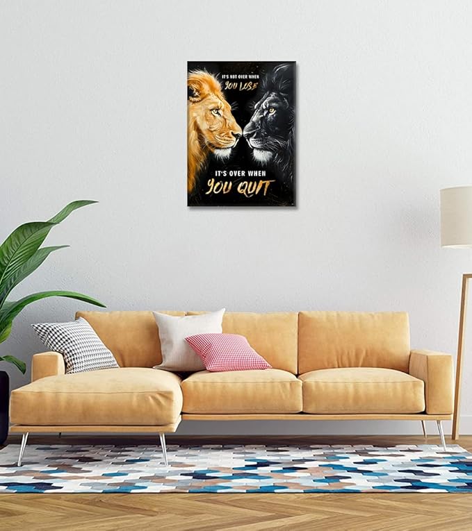 It's Not Over When You Lose, It's Over When You Quit Inspirational Quotes Wall Art - Framed Black and Gold Lions Canvas Print Motivational Animal Wall Decor Modern Office Home Picture (18x24 in)