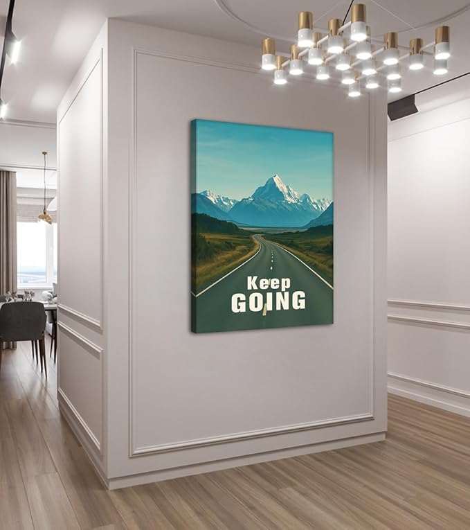 Keep Going Wall Art - Inspirational Canvas Print with Highway and Mountains, Encouraging Poster Inspirational Quote Wall Decor Modern Success Artwork for Office Home Gym, Framed 24"x36"