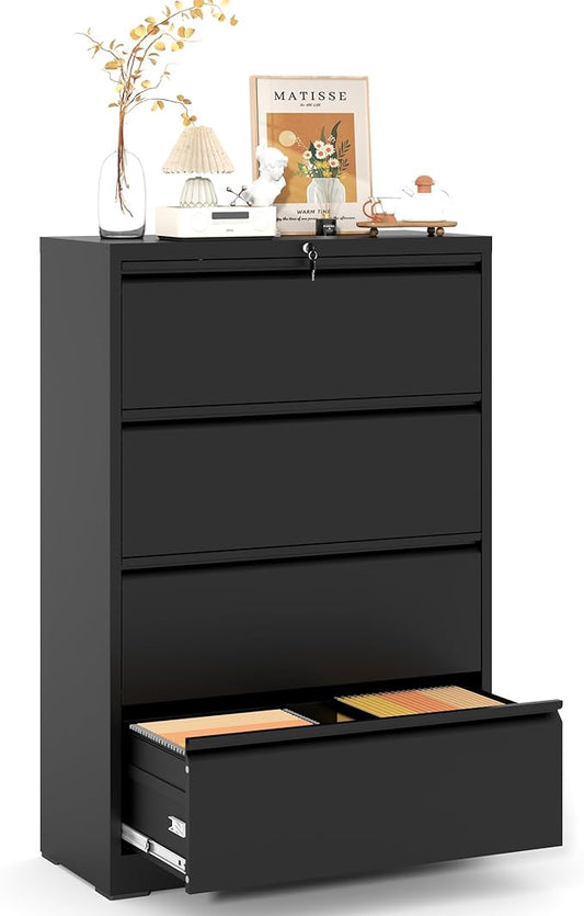 4 Drawer File Cabinet,Metal Lateral Filing Cabinet with Lock,Home Office Storage Organizer Cabinet for Legal/Letter/A4/F4 Size Files,35.5" W,Black